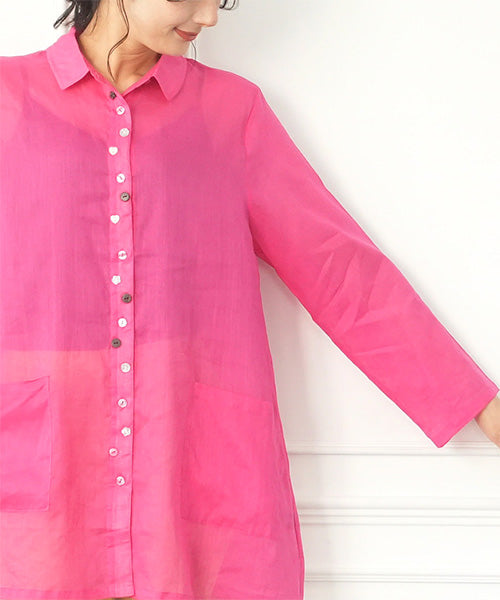 麻綿多ボタンAライン長袖ブラウス 50-0095