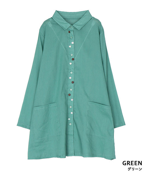 麻綿多ボタンAライン長袖ブラウス 50-0095