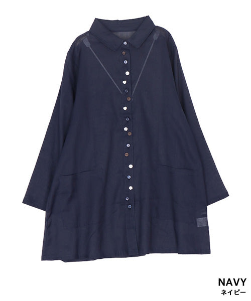 麻綿多ボタンAライン長袖ブラウス 50-0095