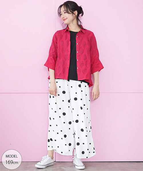 【特別価格】綿100％変形ドットシアー模様7分袖トリコロールボタンブラウス 50-0111