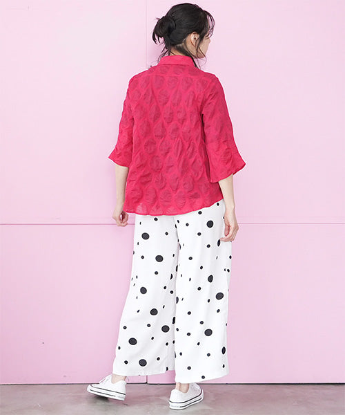 【特別価格】綿100％変形ドットシアー模様7分袖トリコロールボタンブラウス 50-0111