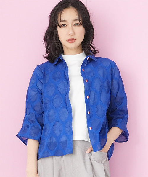 【特別価格】綿100％変形ドットシアー模様7分袖トリコロールボタンブラウス 50-0111