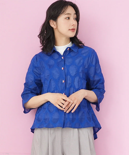 【特別価格】綿100％変形ドットシアー模様7分袖トリコロールボタンブラウス 50-0111