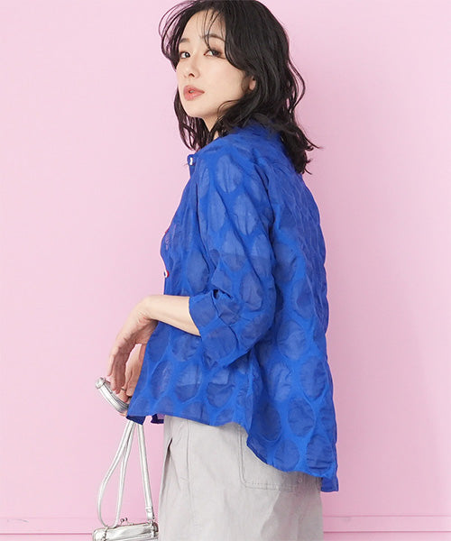 【特別価格】綿100％変形ドットシアー模様7分袖トリコロールボタンブラウス 50-0111