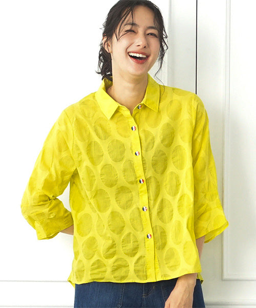 【特別価格】綿100％変形ドットシアー模様7分袖トリコロールボタンブラウス 50-0111