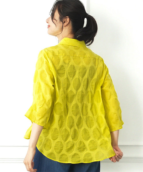 【特別価格】綿100％変形ドットシアー模様7分袖トリコロールボタンブラウス 50-0111