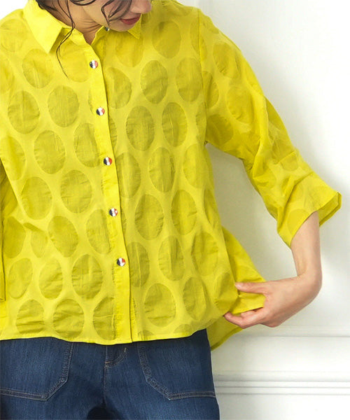 【特別価格】綿100％変形ドットシアー模様7分袖トリコロールボタンブラウス 50-0111