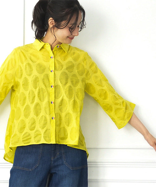 【特別価格】綿100％変形ドットシアー模様7分袖トリコロールボタンブラウス 50-0111