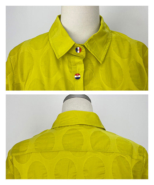 【特別価格】綿100％変形ドットシアー模様7分袖トリコロールボタンブラウス 50-0111