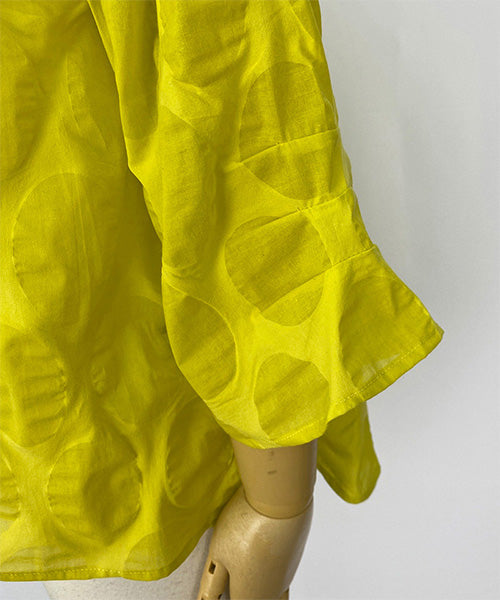 【特別価格】綿100％変形ドットシアー模様7分袖トリコロールボタンブラウス 50-0111