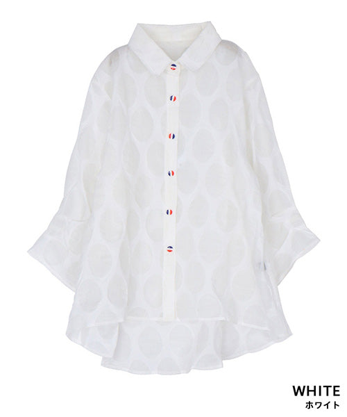 【特別価格】綿100％変形ドットシアー模様7分袖トリコロールボタンブラウス 50-0111