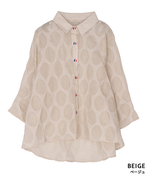 【特別価格】綿100％変形ドットシアー模様7分袖トリコロールボタンブラウス 50-0111