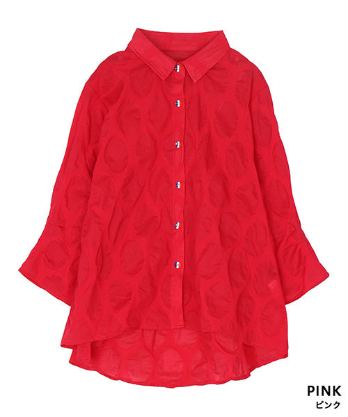 【特別価格】綿100％変形ドットシアー模様7分袖トリコロールボタンブラウス 50-0111