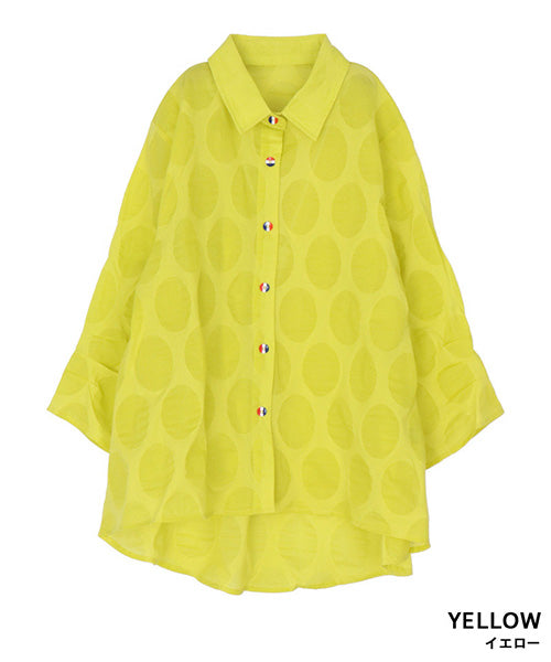 【特別価格】綿100％変形ドットシアー模様7分袖トリコロールボタンブラウス 50-0111