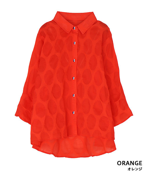 【特別価格】綿100％変形ドットシアー模様7分袖トリコロールボタンブラウス 50-0111