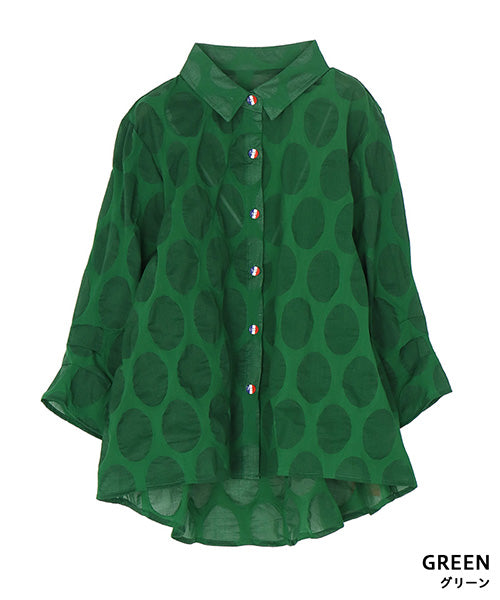 【特別価格】綿100％変形ドットシアー模様7分袖トリコロールボタンブラウス 50-0111