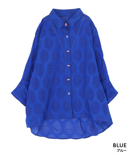 【特別価格】綿100％変形ドットシアー模様7分袖トリコロールボタンブラウス 50-0111