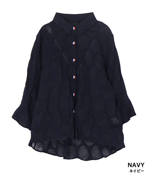 【特別価格】綿100％変形ドットシアー模様7分袖トリコロールボタンブラウス 50-0111