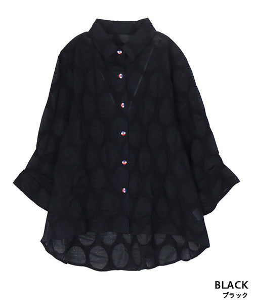 【特別価格】綿100％変形ドットシアー模様7分袖トリコロールボタンブラウス 50-0111