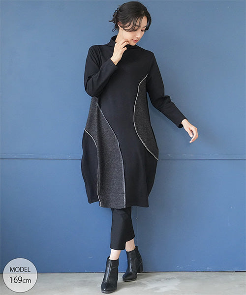 微起毛異素材カーブ切替コクーンワンピース 52-0062｜40代 50代 60代