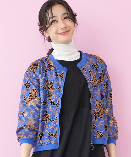 バイカラー刺繍7分袖ブルゾン 52-0186｜40代 50代 60代 大人の女性に