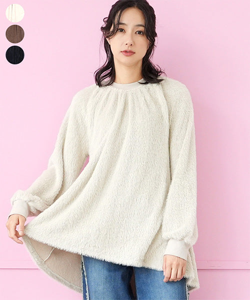 シャギー×異素材切替長袖Aラインカットソー 52-0189