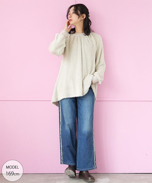 シャギー×異素材切替長袖Aラインカットソー 52-0189