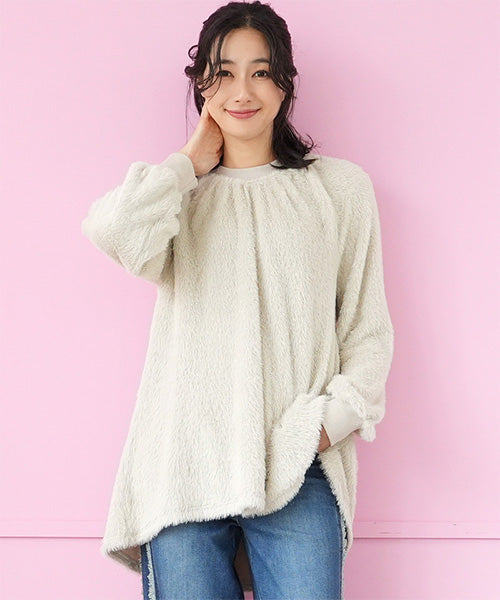 シャギー×異素材切替長袖Aラインカットソー 52-0189