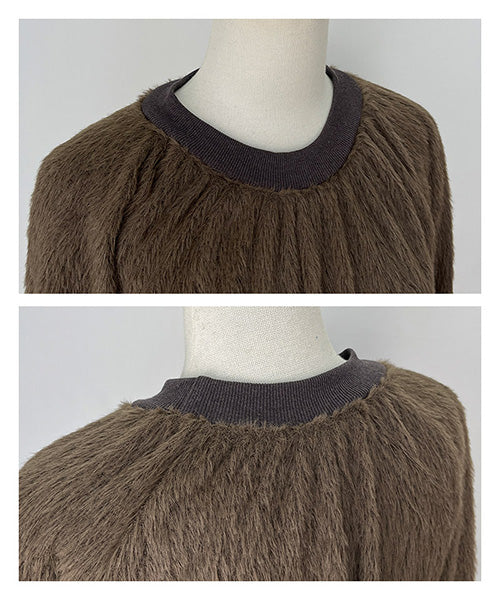 シャギー×異素材切替長袖Aラインカットソー 52-0189