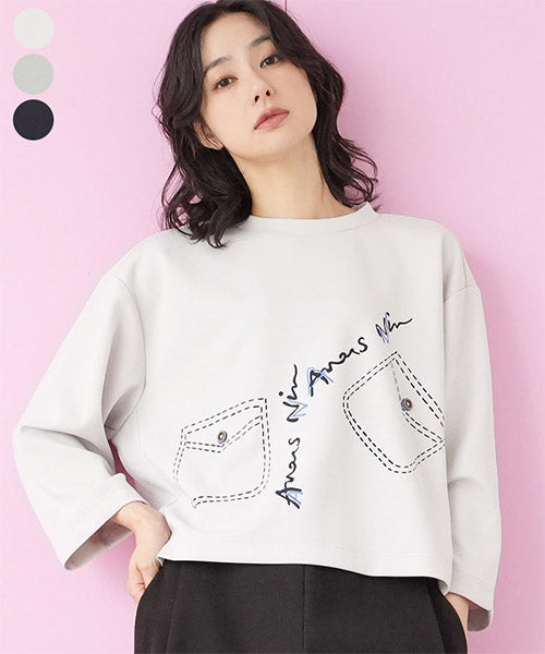 刺繍イラストドロップショルダーショート丈カットソー 52-0194
