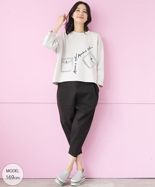 刺繍イラストドロップショルダーショート丈カットソー 52-0194