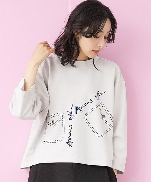 刺繍イラストドロップショルダーショート丈カットソー 52-0194
