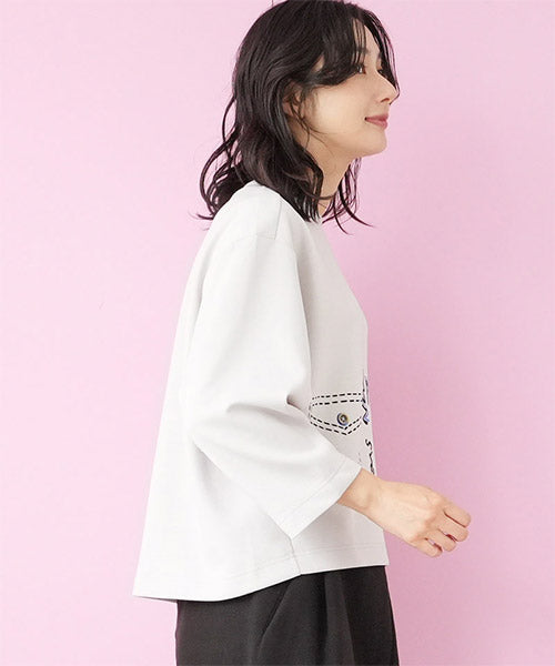 刺繍イラストドロップショルダーショート丈カットソー 52-0194
