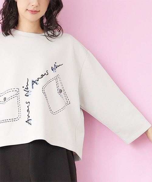 刺繍イラストドロップショルダーショート丈カットソー 52-0194