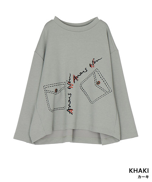 刺繍イラストドロップショルダーショート丈カットソー 52-0194