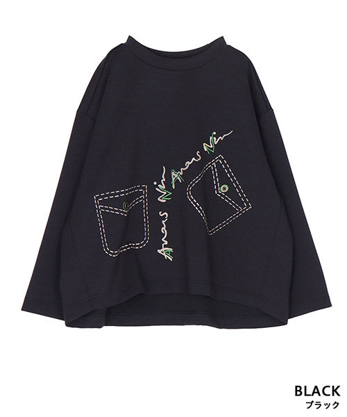 刺繍イラストドロップショルダーショート丈カットソー 52-0194