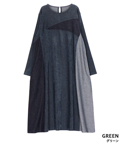 ベルベットデニム調パッチワーク風Aラインロングワンピース 52-0209