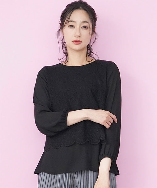 レース刺繍ショート丈プルオーバーブラウス 55-0090｜40代 50代 60代