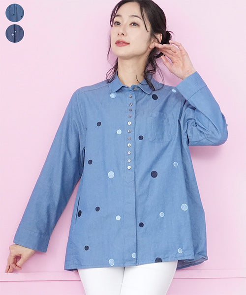 綿100％ラウンド刺繍飾りボタン付きシャツブラウス 55-0093｜40代 50代