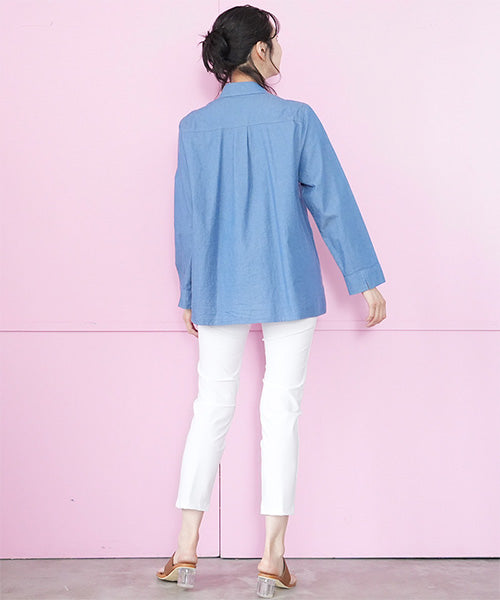 綿100％ラウンド刺繍飾りボタン付きシャツブラウス 55-0093｜40代 50代