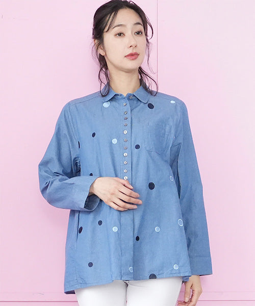 綿100％ラウンド刺繍飾りボタン付きシャツブラウス 55-0093
