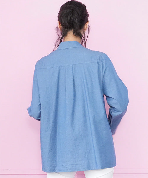 綿100％ラウンド刺繍飾りボタン付きシャツブラウス 55-0093｜40代 50代