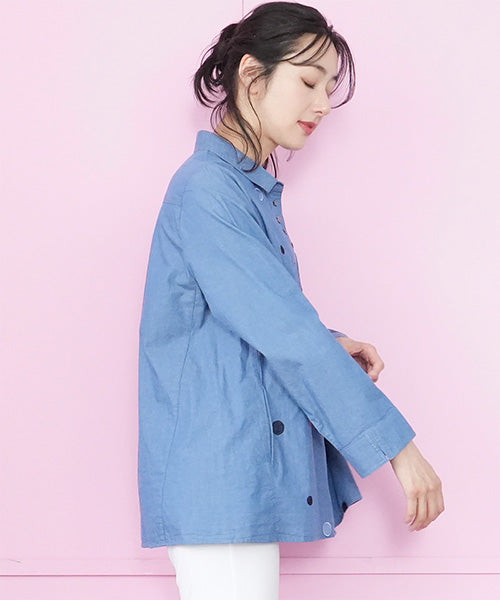 綿100％ラウンド刺繍飾りボタン付きシャツブラウス 55-0093