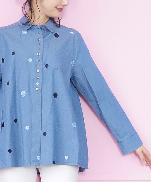 綿100％ラウンド刺繍飾りボタン付きシャツブラウス 55-0093
