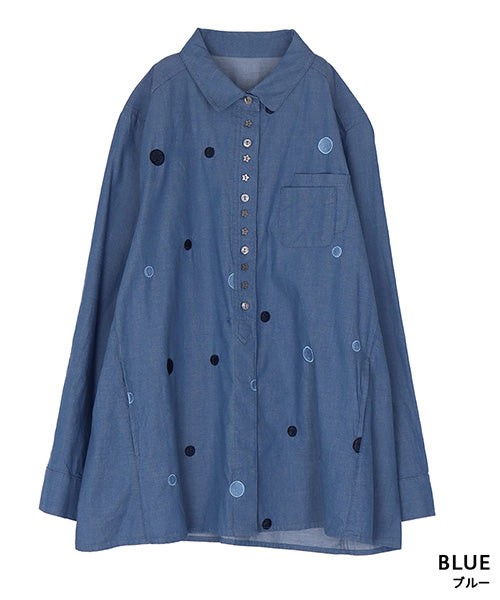 綿100％ラウンド刺繍飾りボタン付きシャツブラウス 55-0093