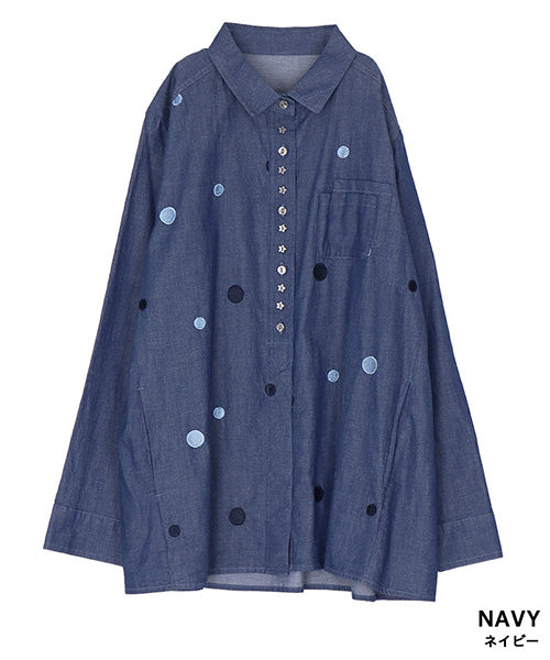 綿100％ラウンド刺繍飾りボタン付きシャツブラウス 55-0093