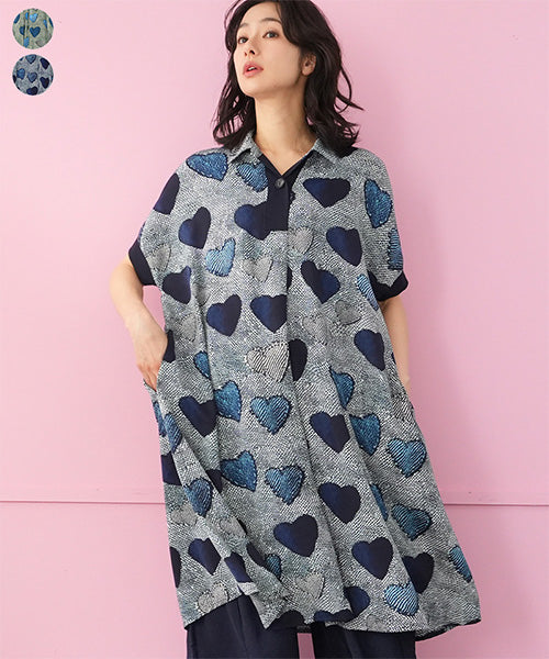 ヘンリーネックリブ網使いストレートラインロングチュニック 55-0106