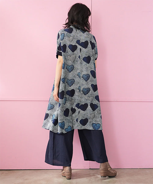 ヘンリーネックリブ網使いストレートラインロングチュニック 55-0106