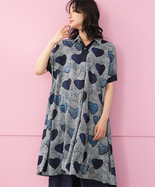 ヘンリーネックリブ網使いストレートラインロングチュニック 55-0106