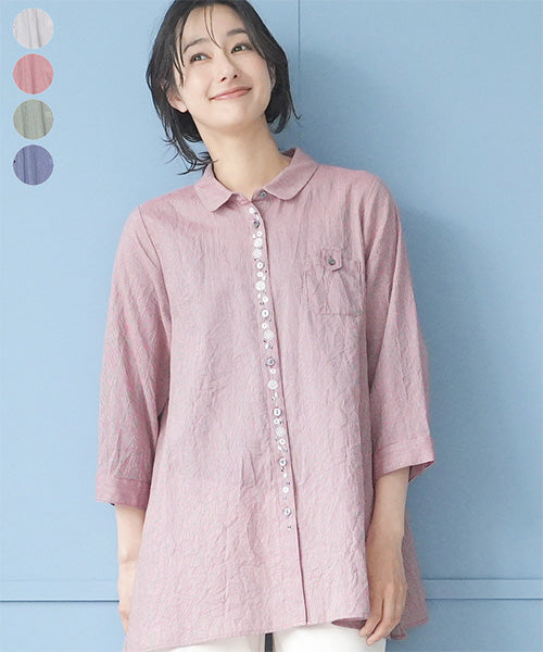 ストライプ柄前立て刺繍7分袖シャツブラウス 55-0114